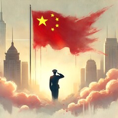 Wall Mural - Watercolor illustration for china army day with a soldier silhouette saluting.