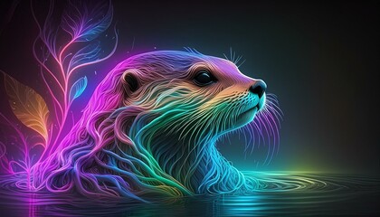 Sticker - illustration of an otter in water in vivid neon colors against a dark background