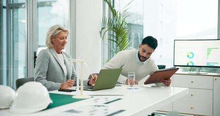 Poster - employee, people and handshake in office with wind turbine for planning and strategy on renewable en