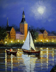 Wall Mural - Sailing boats on the river at night in a medieval european city. Oil painting on canvas.