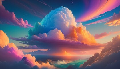 Colorful fantasy abstract wonderful view of  a mushroom-shaped cloud the rainbow color sky with multicolor clouds and the sun shining with copy space