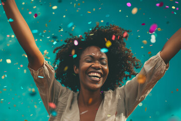 Wall Mural - A joyful celebration captured in a vivid and dynamic moment with confetti floating around a cheerful African woman with curly hair