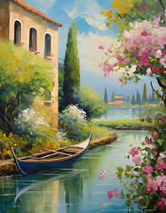 Wall Mural - A painting of a old italian house near the lake with flowers and boat in spring