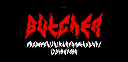 Sharp and bold gothic font for logo creation of for headlines, edgy geometric modern vector italic typeface, heavy metal and hard rock style alphabet with numbers.