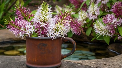 Lilac syrínga flowers in old rusty mug natural spring background with white and violet flowers