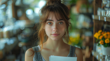 Poster - portrait of a salesgirl working in gift box store