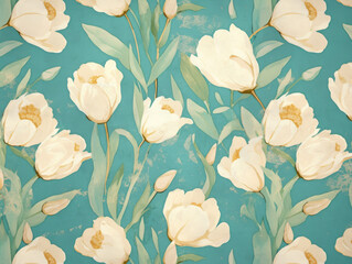 Wall Mural - Art deco hand-painted wallpaper with white flowers on a teal background