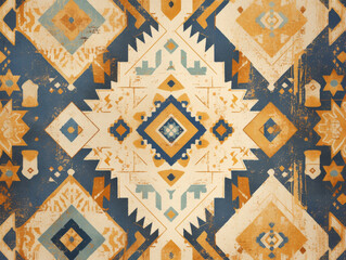 Wall Mural - Boho wallpaper with geometric tribal patterns in blue and orange tones