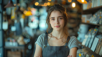 Canvas Print - portrait of a salesgirl working in gift box store