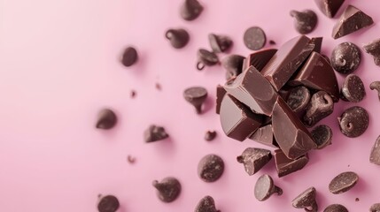 Wall Mural -  A pink backdrop holds a mound of chocolate chips and chunks, one bitten, the others fragmented