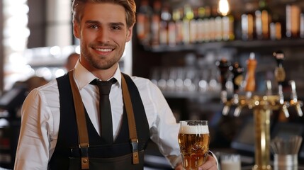 Poster -  A man in an apron holds a glass of beer, bar top crowded with bottles and more glasses