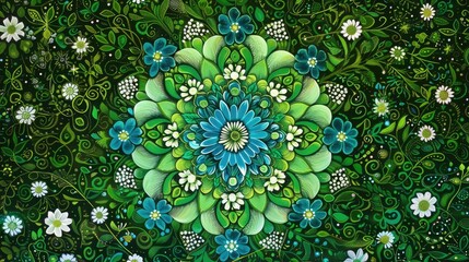 Wall Mural - On the vibrant mandala designed to celebrate the summer solstice a mesmerizing backdrop of green floral patterns intertwines gracefully with delicate forget me not blooms