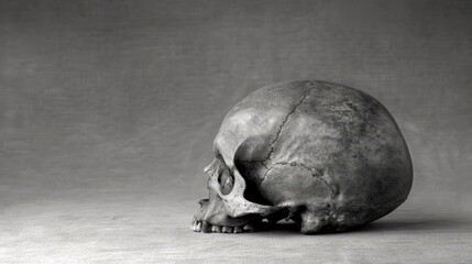Wall Mural -  A black-and-white image of a human skull on a plain background, with the lower half of the skull clearly visible The inferior portion of the skull is also shown