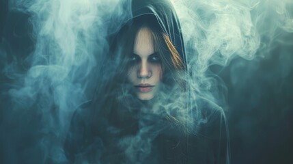  A woman in smoky background, clad in a hooded attire, stands centrally against a black backdrop, enveloped by white smoke