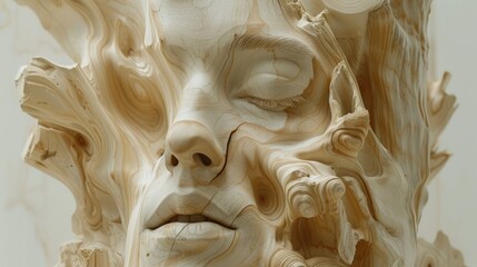 Wall Mural -  A tight shot of a human face sculpture, foregrounded by a tree trunk Background features a round object in its center
