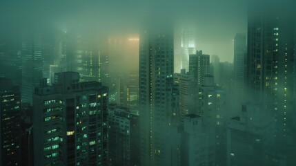 Wall Mural - City center with skyscrapers immersed in fog. High buildings. Early morning glow.