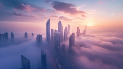 Canvas Print - City center with skyscrapers immersed in fog. High buildings. Early morning glow.