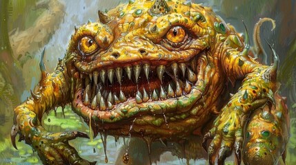 Wall Mural -  A painting depicts a monster with an open mouth, revealing wide teeth Water droplets dangle from its lips, and a jet of water emerges from the mouth's spout