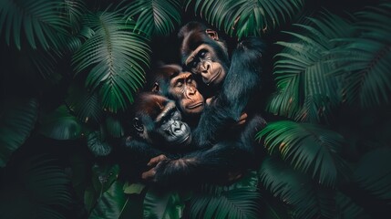  A few monkeys sit atop a lush, green forest teeming with numerous leafy plants Two smaller monkeys perch on larger ones