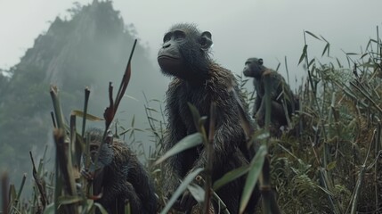 A group of monkeys stands together on a lush green forest edge Tall grass surrounds them, leading up to mountains with grass-covered peaks shrouded in foggy skies
