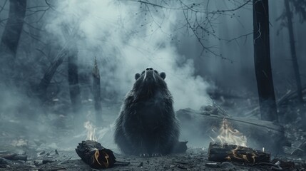  A bear sits in the forest's heart, emitting large plumes of smoke from its maw Logs lie scattered in the foreground