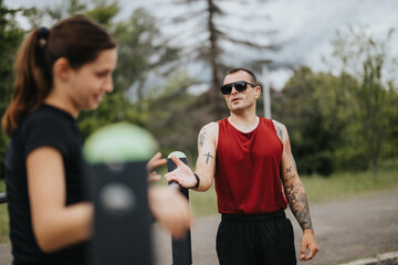 Wall Mural - A tattooed man in a red tank top provides guidance to a young woman during an outdoor fitness session in a park, fostering teamwork and fitness engagement.