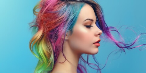 Wall Mural - A fashionable young woman with vibrant, curly rainbow hair, highlighting beauty and elegance.