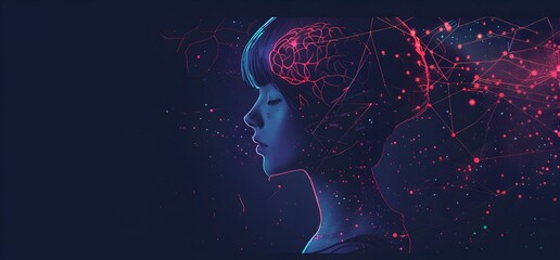 Wall Mural - An illustration of an AI woman with neural connections on her head, symbolizing the connection between artificial intelligence and human thought against a dark background
