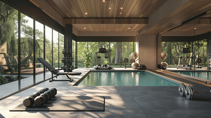 Gym with spa swimming pool in interior modern house. Serene partial contemporary style