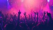 © graphito - vector background of crowd silhouette at music concert with hands up, pink and purple gradient in the style of various artists