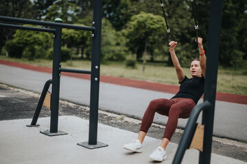 Wall Mural - A young athletic woman utilizes outdoor gym equipment for fitness training. The scene captures her concentration and physical effort.