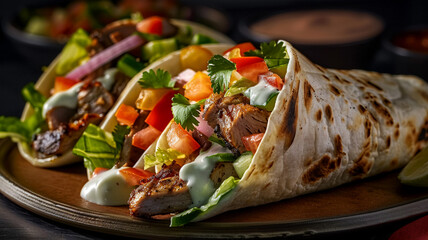 Wall Mural - Grilled beef taco with fresh vegetables wrapped in tortilla, AI Generative