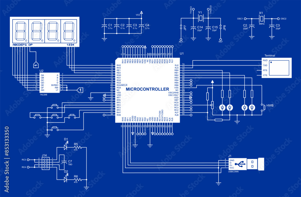 Connection of peripheral devices (terminal, keyboard, lcd display,
usb) to the microcontroller. Vector electrical
schematic diagram of an electronic device for reading 
and outputting data.