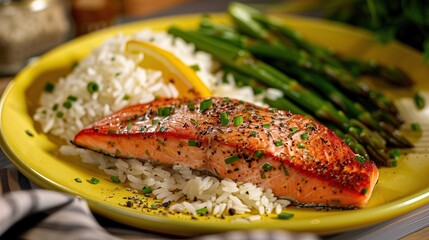 Poster - Red trout steak fillet with rice and asparagus on a yellow plate. Generative Ai