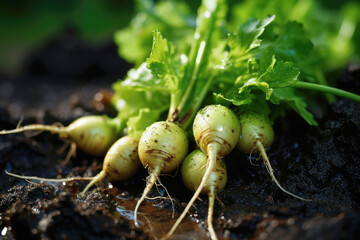 radish root crops with green leaves on the soil on the farm