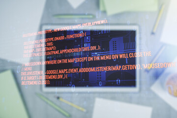 Aufkleber - Double exposure of abstract creative programming illustration and modern digital tablet on background, big data and blockchain concept
