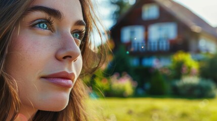 Wall Mural - A woman with brown hair and eye shadow is standing in front of a house, looking up at the sun with a smile. Her eyelashes flutter in the light as she shades her eyes with sunglasses AIG50