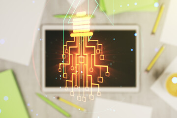 Poster - Creative light bulb illustration with microcircuit and modern digital tablet on desktop on background, top view, future technology concept. Multiexposure