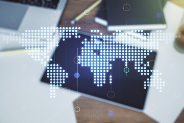 Poster - Multi exposure of abstract creative digital world map and modern digital tablet on background, top view, tourism and traveling concept
