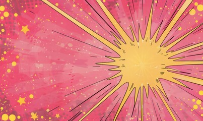 Wall Mural - A pink background with yellow stars, radiating rays of light in the center, comic books concept