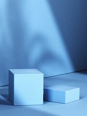 Aufkleber - Pair of blue different size cubes and wall with shadows in background. 3d computer graphic template of displaying place for your products. Blank template.