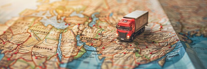 Wall Mural - logistics concept with big rig semitruck on a map - navigation and shipping transpport