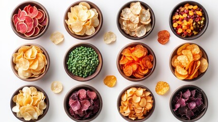 Collection of various flavored potato chips in bowls, isolated on a white background, top view 