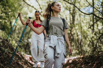 Two female friends exploring nature while hiking through a lush green forest, enjoying the outdoors and physical activity on a sunny day