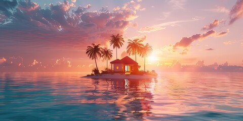 Wall Mural - real shot of a house in a small island in the middle of the sea with few palm trees,