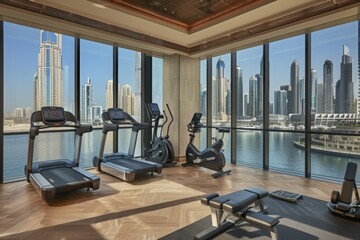 A modern gym with floor-to-ceiling windows overlooking the Dubai skyline and a waterfront.