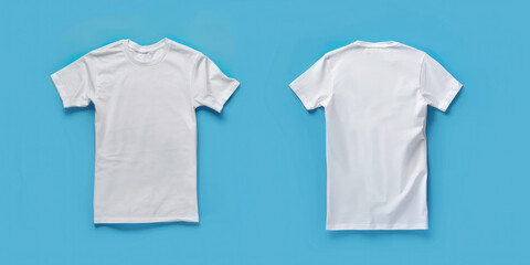 Wall Mural - A white T-shirt, shown from the front and back on a blue background. The T-shirt is simple and classic, with short sleeves and a round neckline, suitable for everyday wear