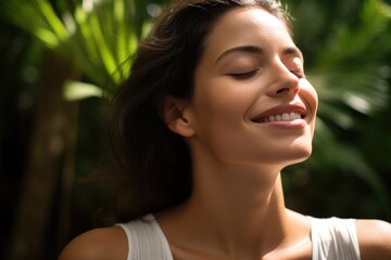 Woman enjoying sunlight with closed eyes and smile