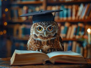 wise owl, graduation cap adorned, surrounded by a collection of books