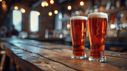 Wall Mural - Two Glasses of Beer on Wooden Table